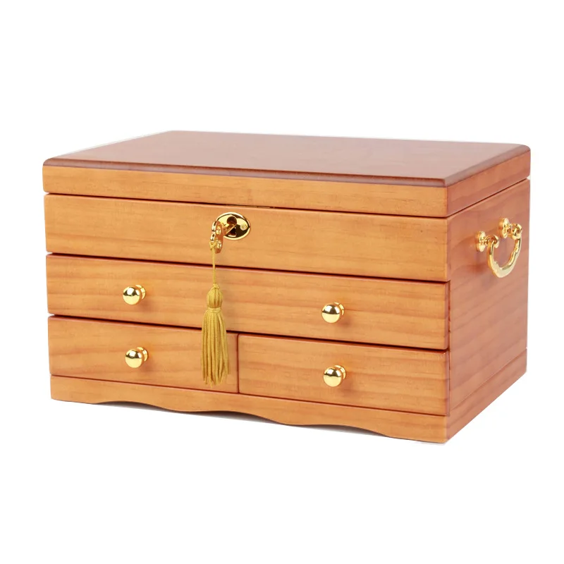 2021 New 3-Layer Wooden Jewelry Box With Lock Retro Flannel Jewelry Earrings Necklace Bracelet Storage Box
