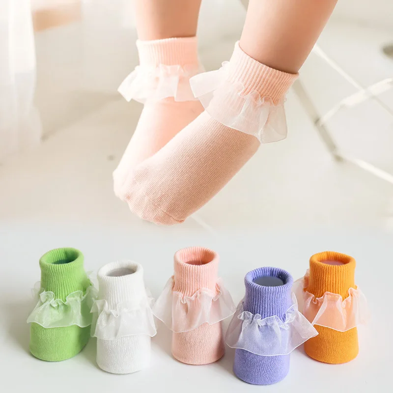 

2021 New Children's Socks Spring Cute Pure Color Combed Cotton Female Baby Breathable Tube Lace Socks