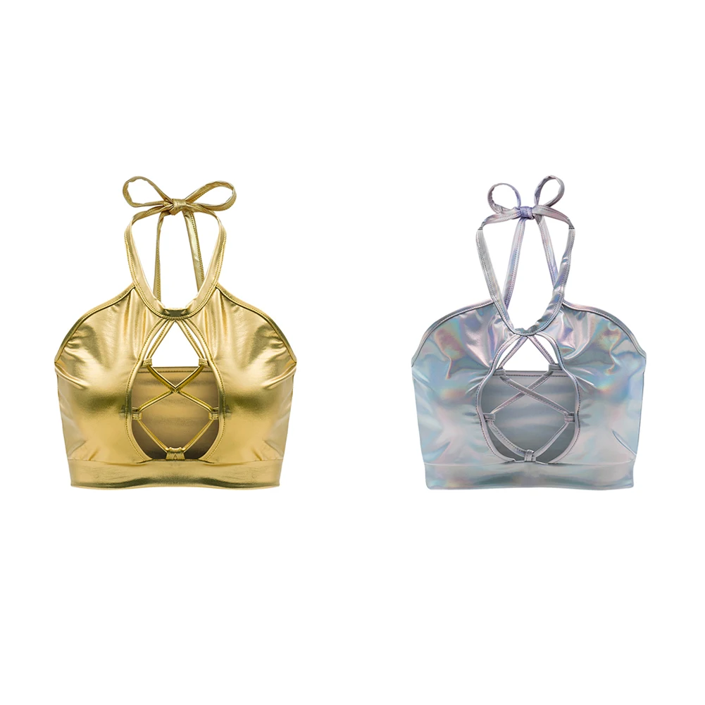 Women Elastic Hollow Out Camis Sexy Bandage Tanks Camisole Halter Girl Dance Cropped Tops Sliver Vest Gold Tank XXL | Женская одежда