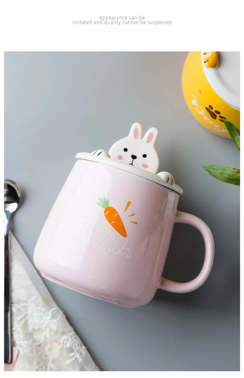 

Large Tea Ceramic Mugs Cute 3d Print Stirring Nordic Style Lid Cup Porcelain Personalized Japanese Reusable Animal Mugs KK60MK