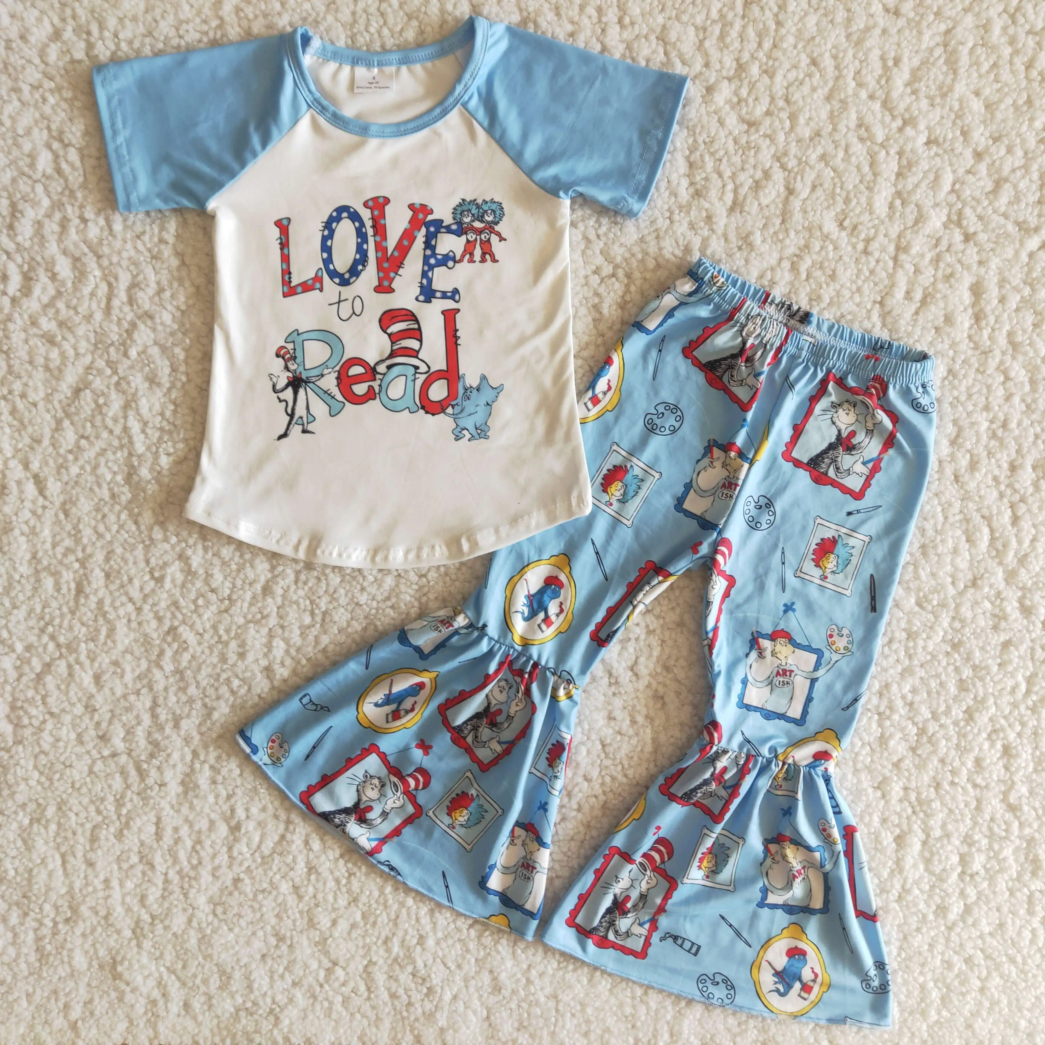 

Girl's Animated Character Blue And White Patterned T-shirt Match Blue Flared Pants Kid Clothing Set