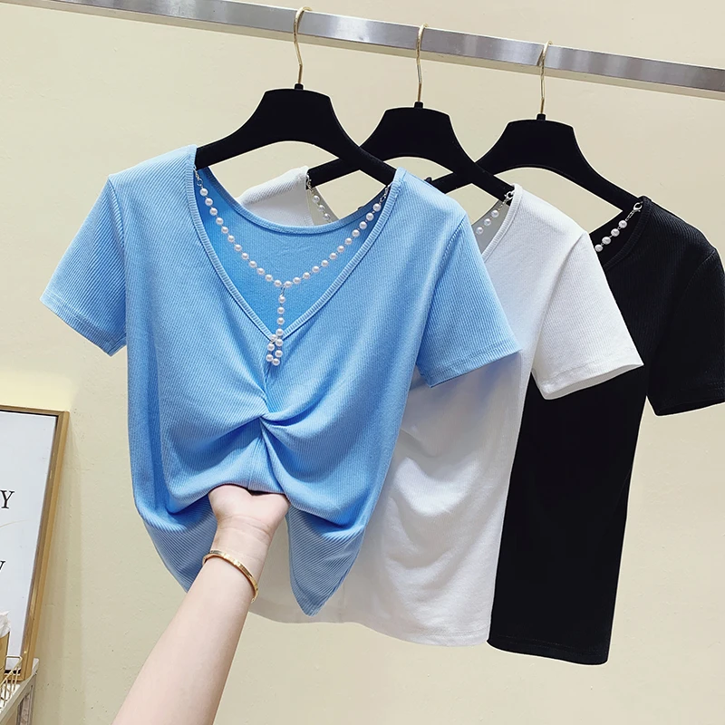 

The new summer all design feeling backless cultivate one's morality short sleeve T-shirt female temperament nail bead kink coat