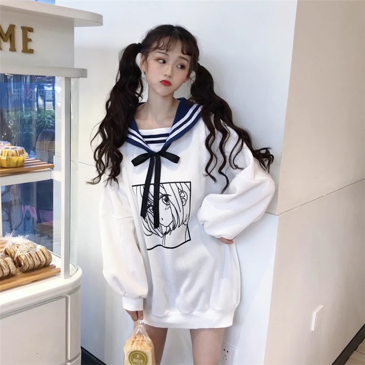 Kawaii/милые зимние толстовки с капюшоном для девочек; толстовка с матросским воротником; мягкая толстовка с длинными рукавами; милые длинные свободные топы