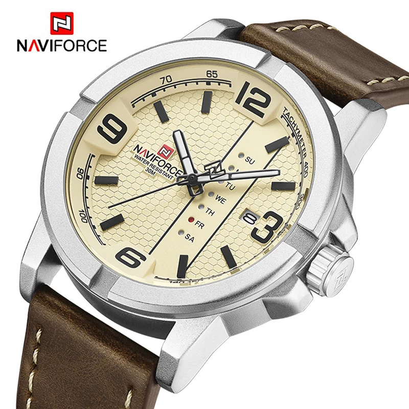 Люксовый бренд NAVIFORCE мужские часы из натуральной кожи Спортивные кварцевые