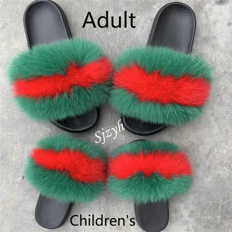 

Summer Girl's Fox Fur Slippers Indoor Home Shoes Cute Rainbow Furry Flip Flops Children's Plush Flat Sandals Kids Fluffy Slides