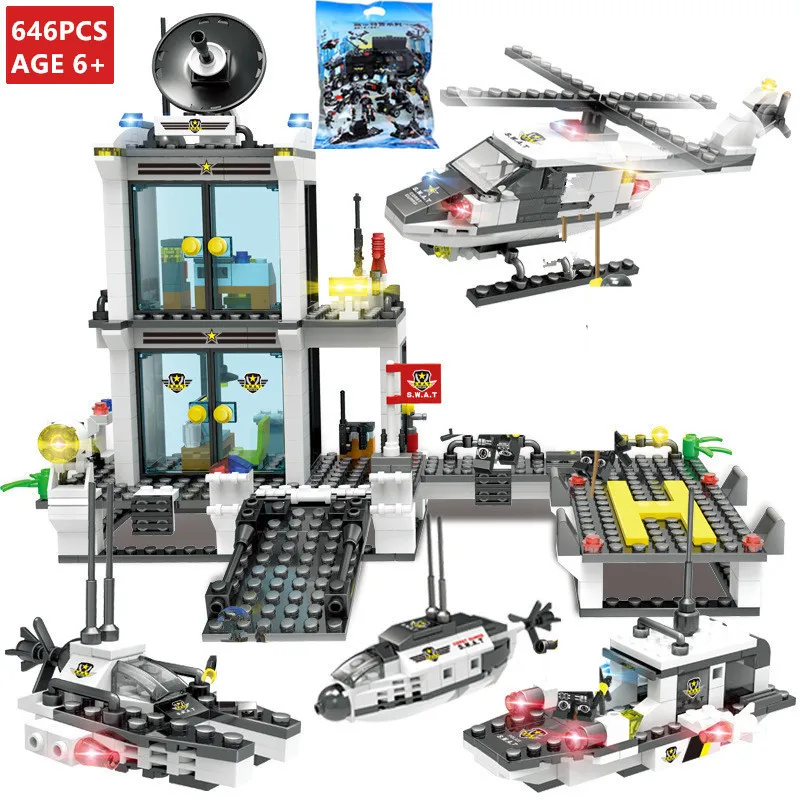 

646Pcs City Police SWAT Command Coast Guard Helicopter Building Blocks Sets Brinquedos Bricks Kit Educational Toys for Kids