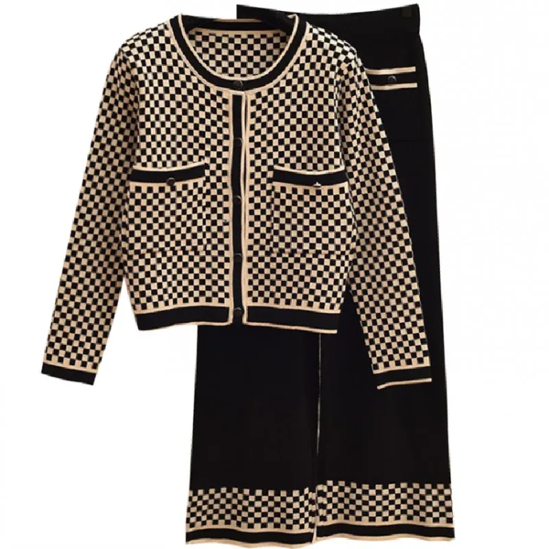 

Knitted Two Piece Set Women Plaid Print Tops And Wide Leg Pant Suits Autumn Pockets Street Style Casual Sweater 2 Piece Outfits