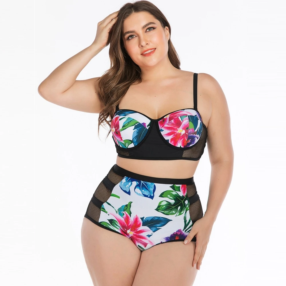 

L-4XL Plus Size High Waist Bikini Mesh Patchwork Swimsuit Women Floral Swimwear Sexy Bathing Suit Biquini Push Up Bikini Female