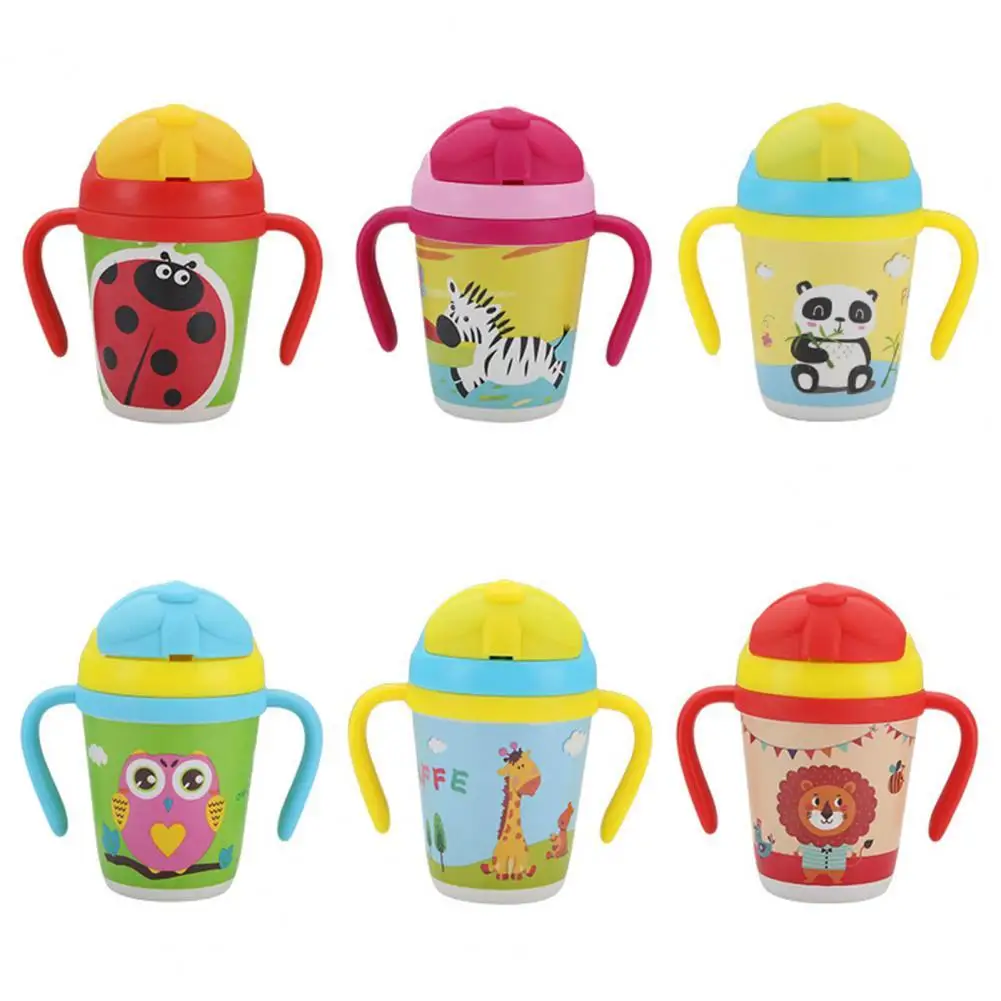 

300ml Water Bottle with Slide Cover Cartoon Design Bamboo Fiber Kids Straw Feeding Bottles Baby Dust-proof Cute Drinking Cups