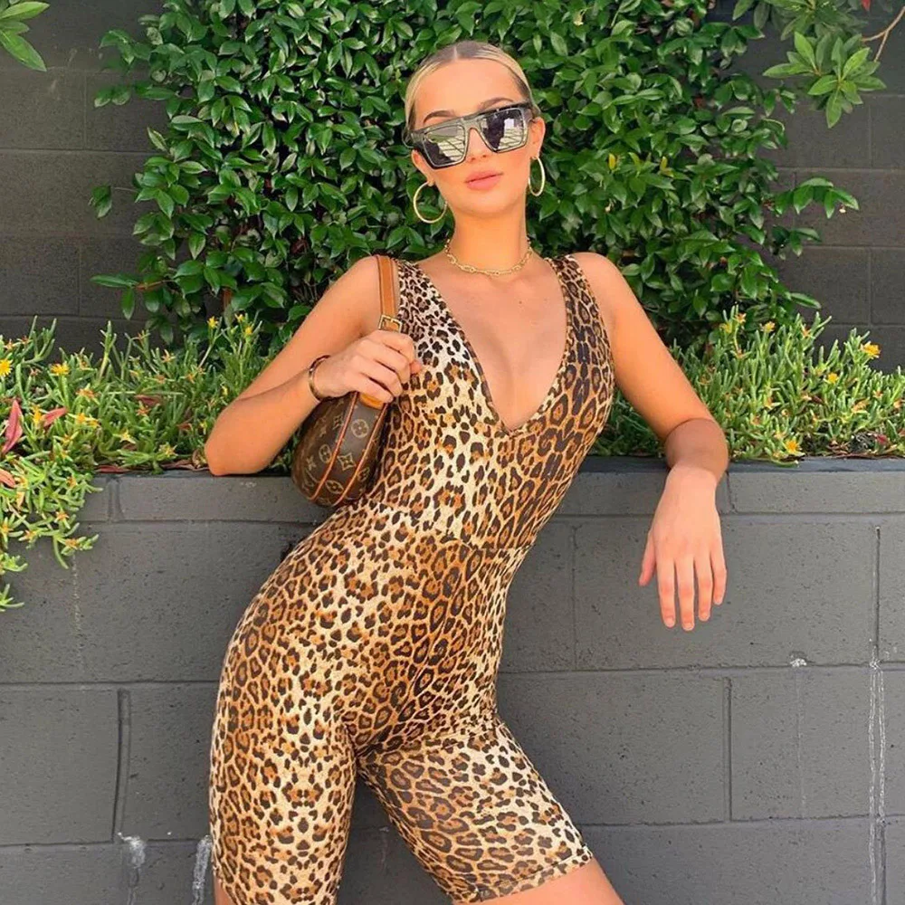 

Casual Leopard V Neck Fitness Biker Playsuits Sleeveless Sexy Fashion Rompers Womens Jumpsuits Skinny Summer Slim Playsuit Hot