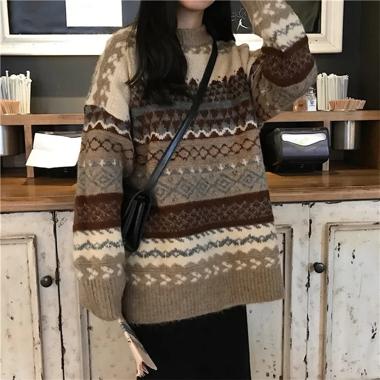 

Vintage Geometric Long Sleeve Turtleneck Knit Sweater Autumn Korean O-Neck Women Pullovers Sweater Female Jumper Casual Clothes