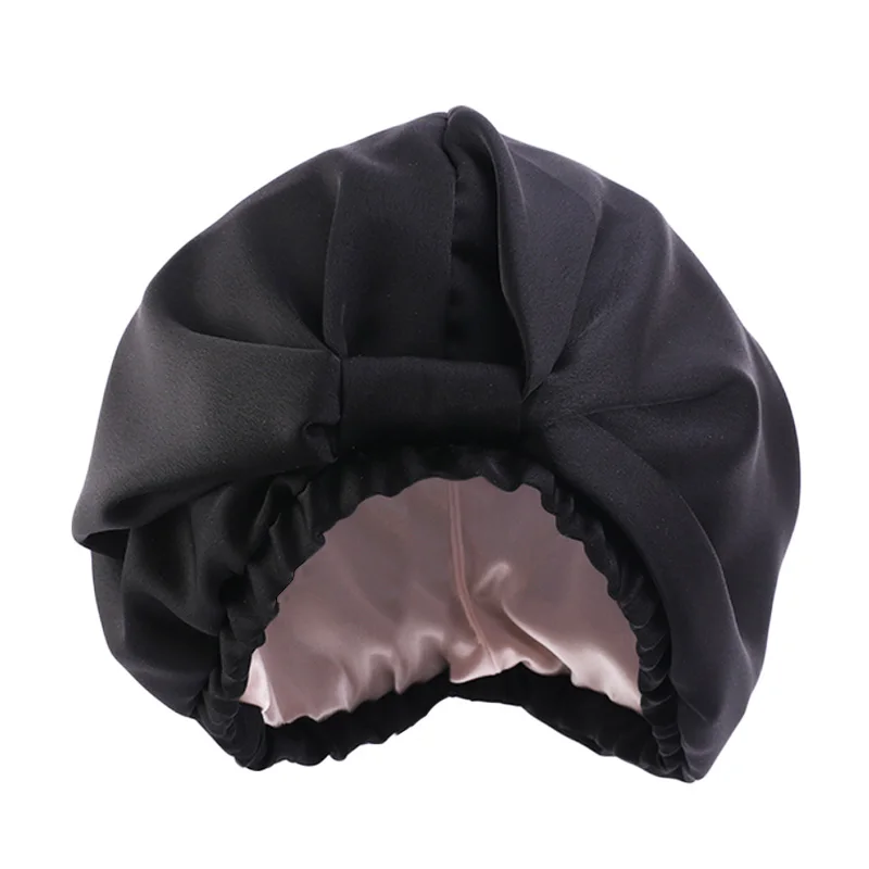 

New soft Bow Nightcap Elastic Satin Hooded Sleep Cap Artificial Silk Chemotherapy Hat double layer Headdress Women Head Wrap