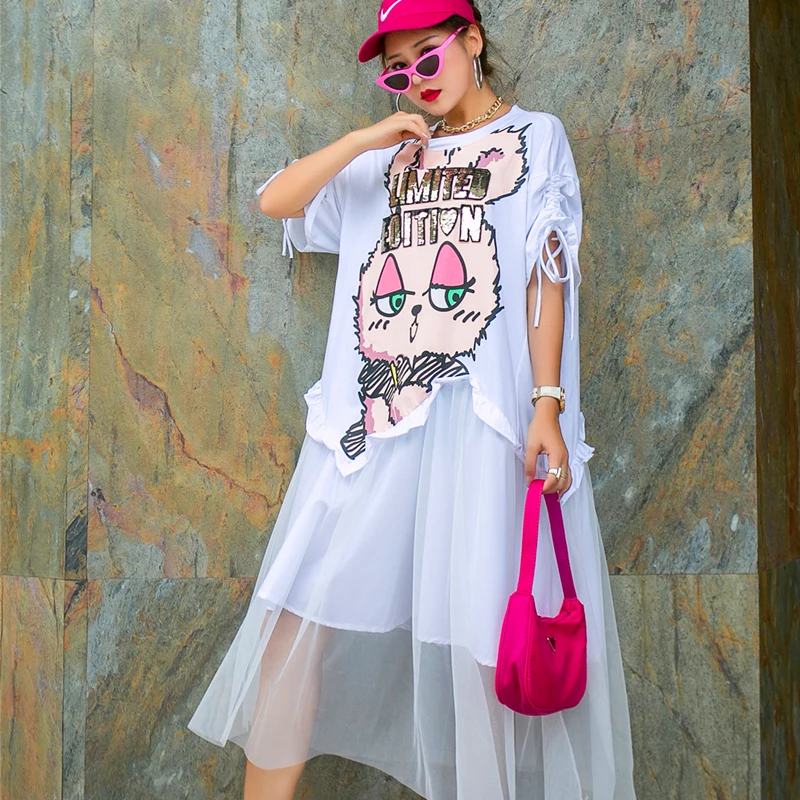 Женское платье брендовая футболка с мультяшным принтом и блестками свободное