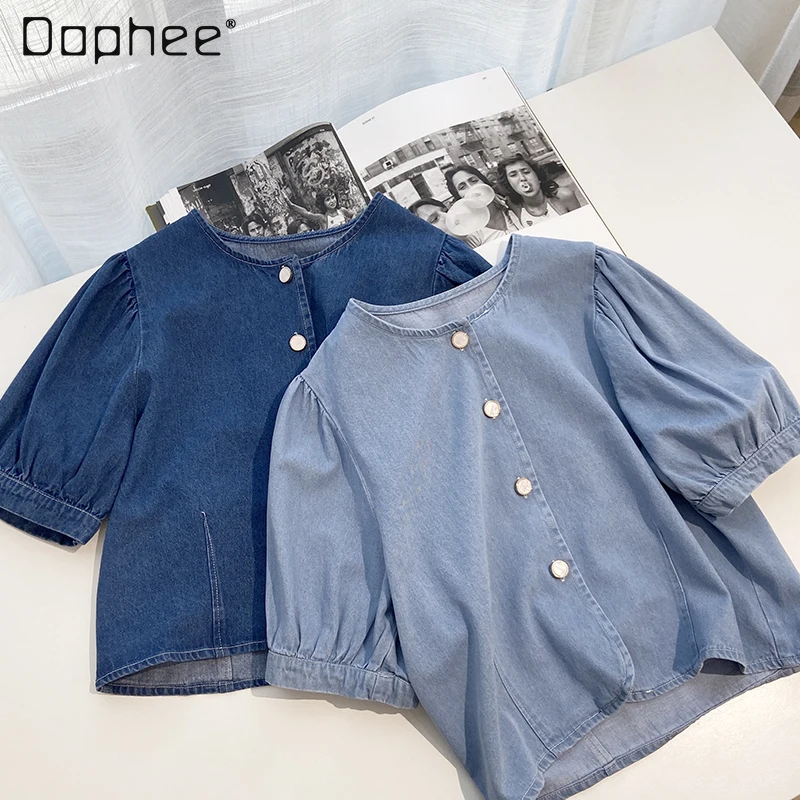 

2021 Summer New Style Retro Puff Sleeve Crop Top Girls Short Midriff Outfit Ins Trendy Denim Shirt Casual Tops