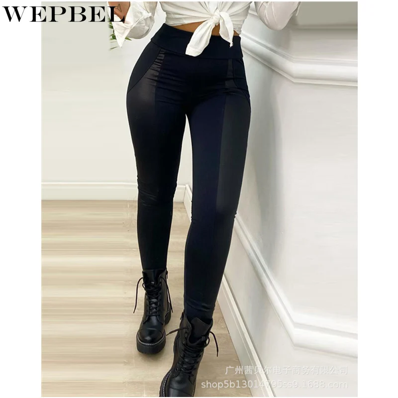 

WEPBEL Women's Sexy Patchwork Bodycon Pants Ladies Elegant High Waist Elastic Slim Fit Leggings Long Trousers