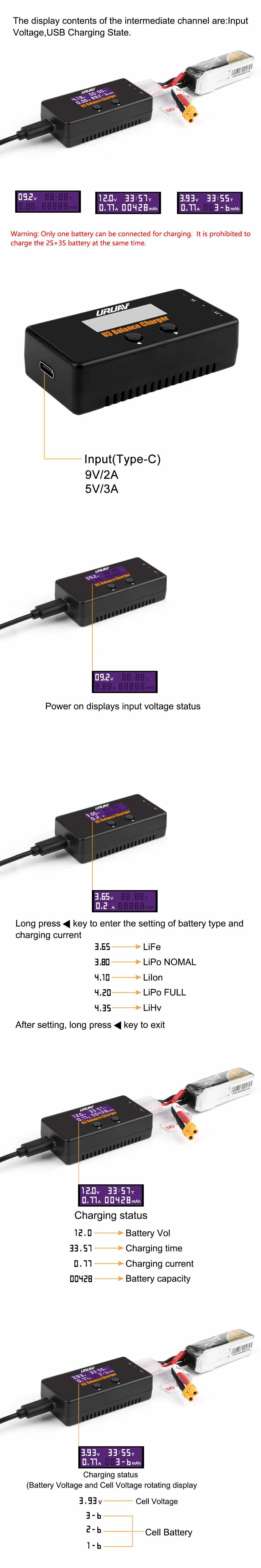 URUAV U3 18W 2A/3A type-C зарядное устройство для 2-3S LiPO/LiHV/LiFe/литий-ионный аккумулятор для RC гоночный fpv-дрон модель S