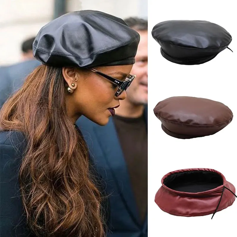 

Women Girl Beret French Artist Warm Wool Winter Beanie Hat Cap Vintage Plain Beret Hats Solid Color Elegant Lady Leather PU Caps
