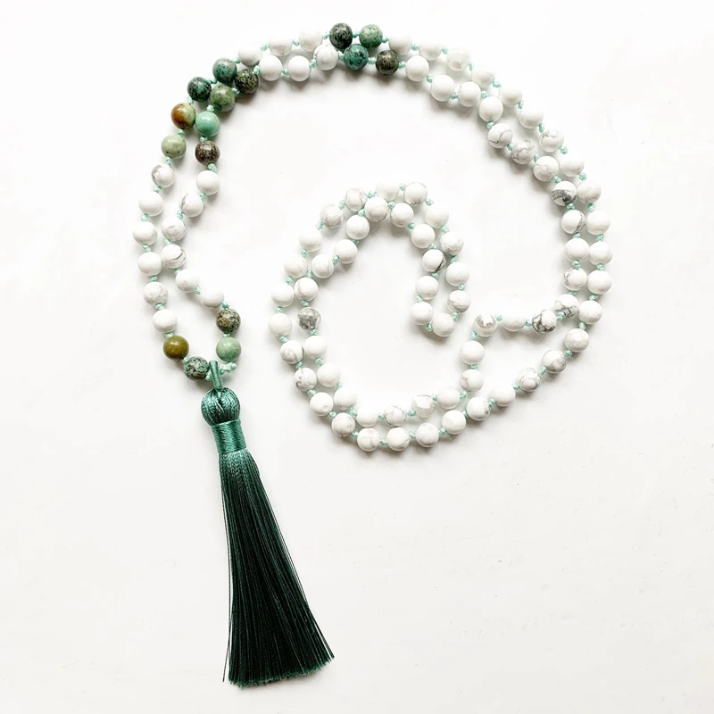 

Natural African Tourquoise Stone 108 Beads Mala Prayer Bead Necklace Long Chain Tassel Hand Knotted Ornament 1pc