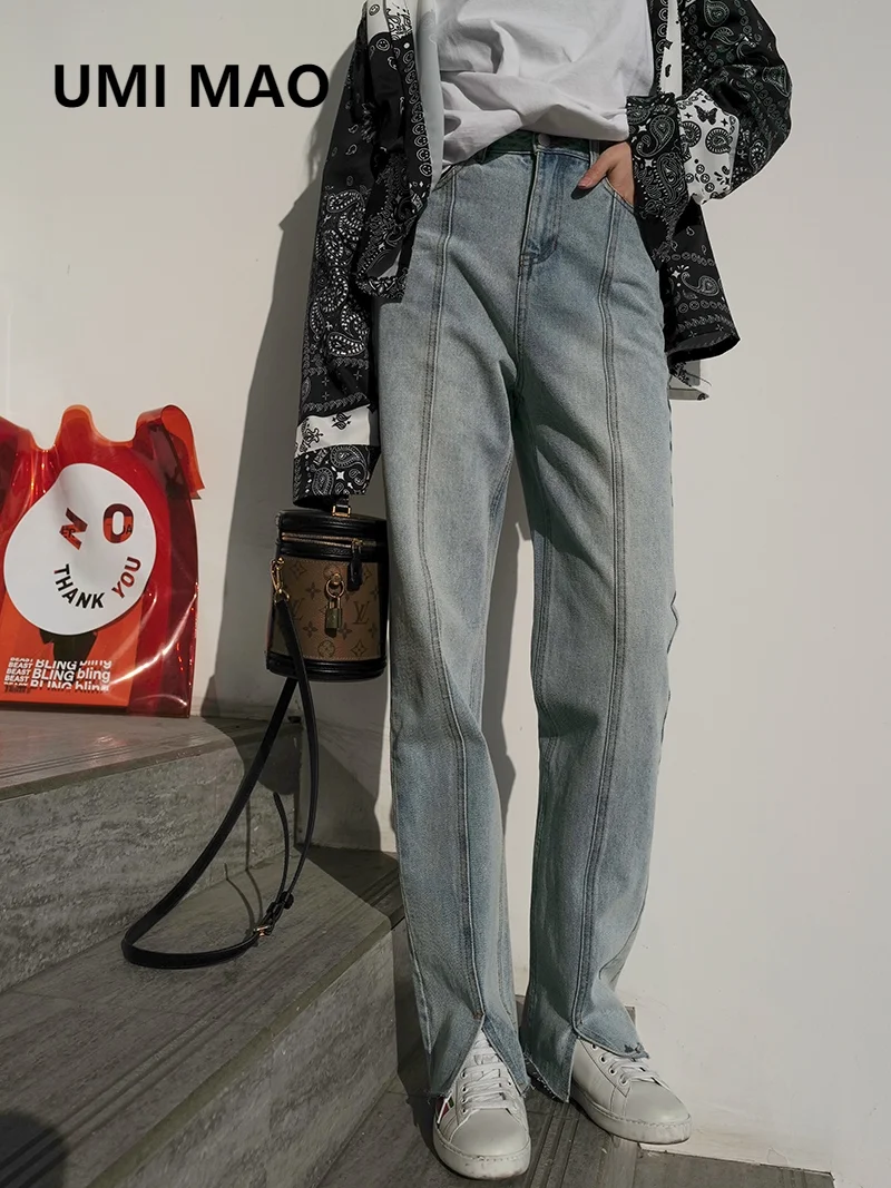 

UMI MAO 175 Tall Light Blue Long Straight Skinny Jeans With Front Slits Women Trousers Flare Pants Pantalones Bell Bottoms