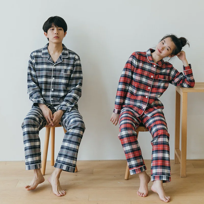 Plaid Couple Pajamas Set 2pcs Cotton Men&ampwomen Sleepwear Sexy Homewear Long Sleeve Shirt&amppants Pocket Home Clothing Nightwear | Женская