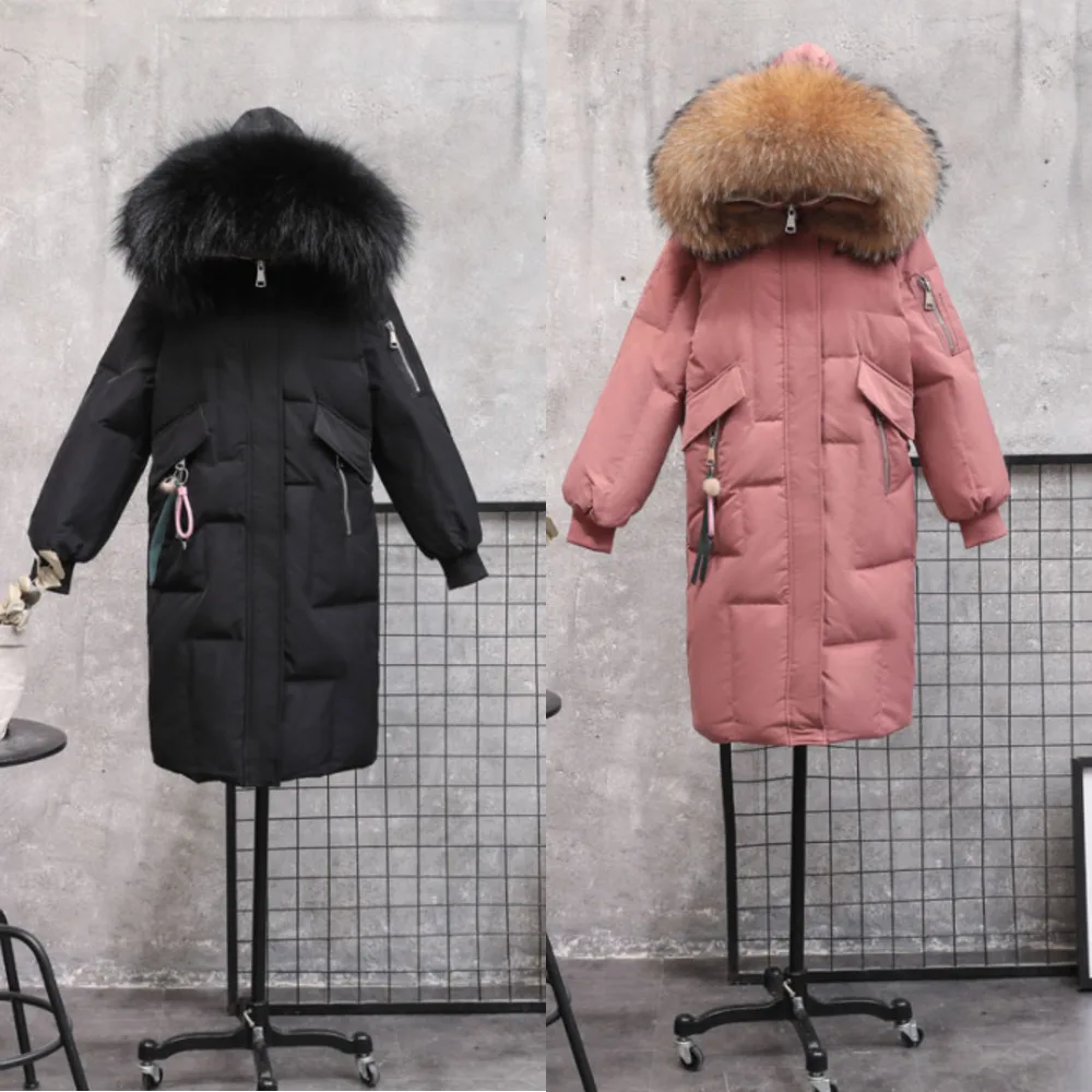 

Women Down Jacket Winter Warm White Duck Down Jacket Real Fur Collar Hooded Long Coat Down Parka Female Snow Outwear