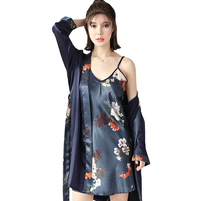 

2PCS Sleepwear Women Silk Floral Kimono Robe Sexy Lingerie Women Robe Set Wedding Party Bridesmaid Robe Satin Nightgown Bathrobe