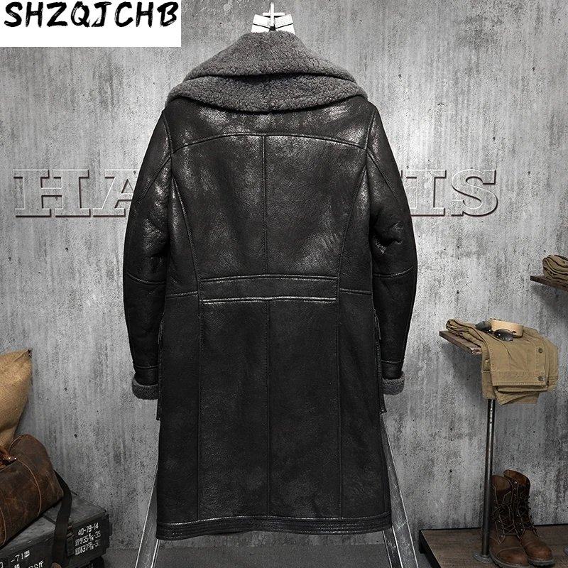 

JCHB 2021 Long Witner Coat Men Sheep Shearing Genuine Leather Jacket Men Vintage Wool Jacket Real Fur Coat Mens Clothing PM-W-17
