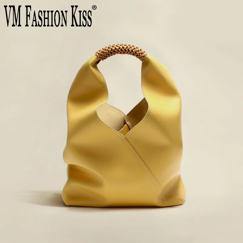 Vintage Casual Cowhide Large-capacity Handbag Rattan Woven Handle Shoulder Bag Genuine Leather Solid  Foldable Women's Totes