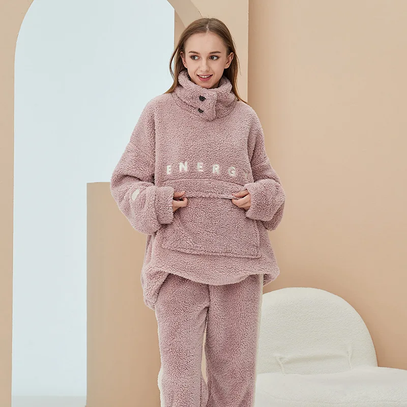 Coral Fleece Pajamas Women's Autumn and Winter Cute Plus Fleece Pajamas Flannel Home Service Warm Suit Loungewear Set 2 Piece