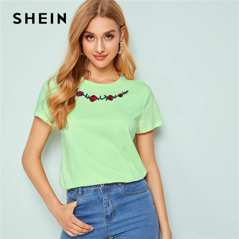 SHEIN женская футболка с вышитым цветочным принтом, женская одежда, топы, Повседневная летняя футболка с круглым вырезом и коротким рукавом