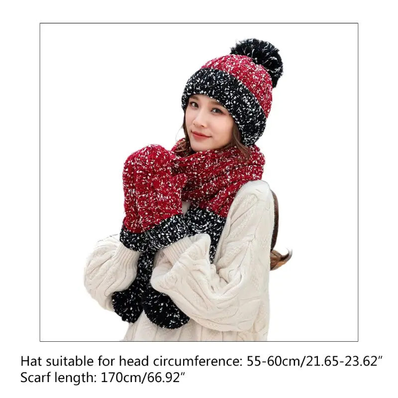 

3Pcs Women Winter Chunky Cable Knit Beanie Hat Scarf Gloves Set Snowflake Crochet Contrast Color Pompom Warm Cuffed Cap