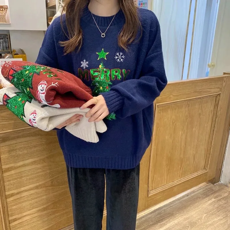 

Hsa 2021 Women Casual Sweater Cartoon Pullovers Christmas Tree Oversized Pull Jumpers Long Sleeve Sequined Snowman Sweater Tops
