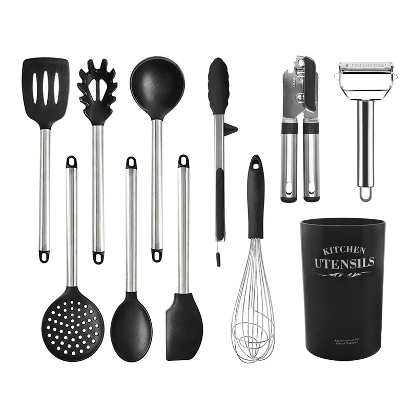 11-pcs Kitchen set 8/11 шт. Кухня набор посуды и столовых приборов черный силиконовый Пособия по кулинарии инструменты Нержавеющая сталь ручка щипцов нож для овощей Овощечистка Кухня набор инструментов - Цвет: 11-pcs Kitchen set