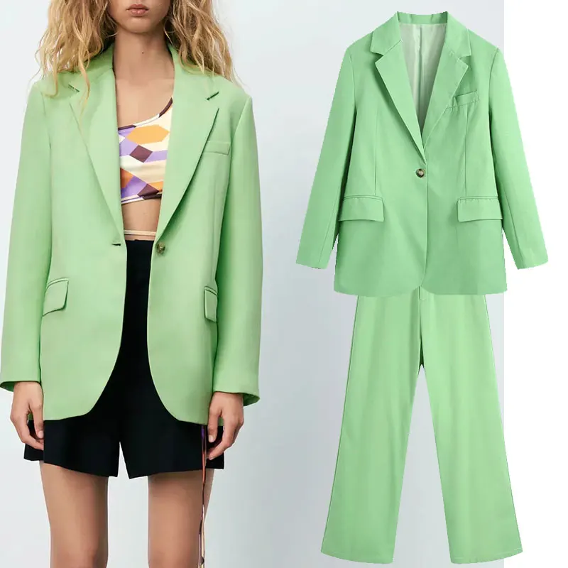 

Женский зеленый костюм Nlzgmsj Za 2021, женская одежда, Офисная повседневная куртка, пальто с длинным рукавом, элегантный женский Блейзер, брюки, к...