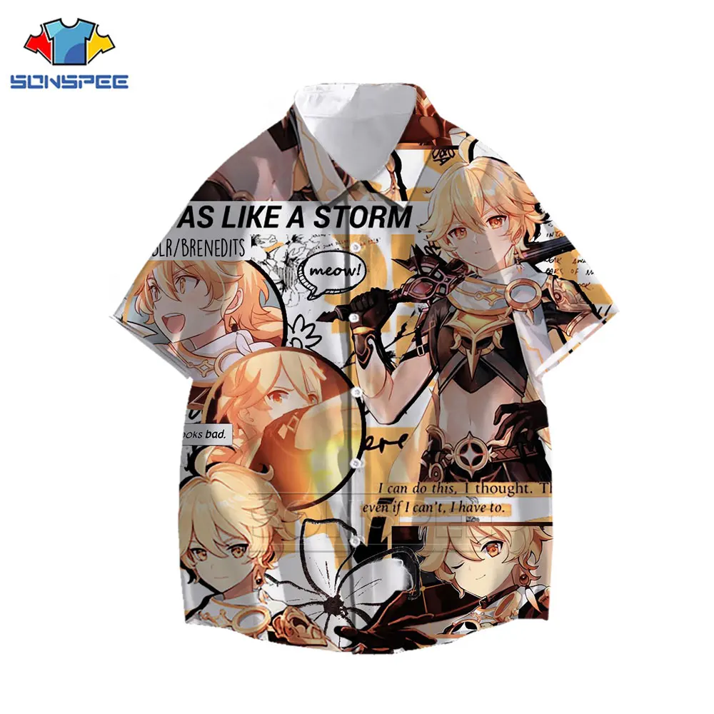 Kawaii Two-dimensional Anime Girl Boy Shirt 3D Print Genshin Impact Game Shirt Casual Ocean Beach Oversized Hawaiian Shirts Tops
