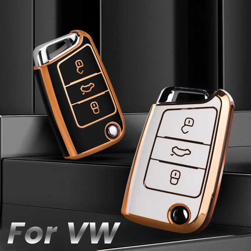 

New TPU Car Key Case Keystrap Holder Gold Edge For Volkswagen VW Golf Gti 7 MK7 Tiguan For Seat Ateca Leon Ibiza Skoda Octavia