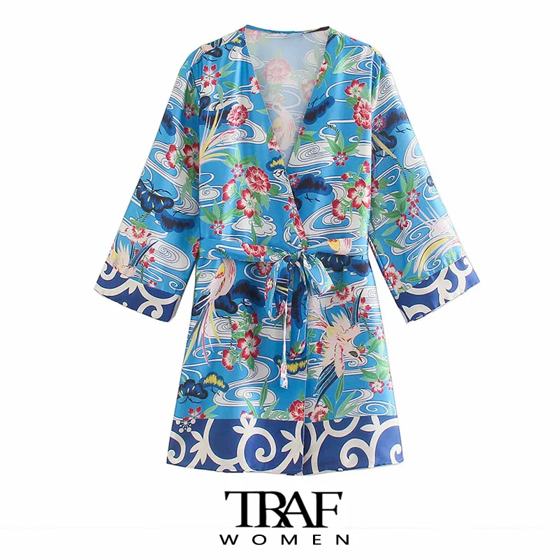 

TRAF Za Women Fashion With Belt Floral Print Kimono Blouses Vintage Three Quarter Sleeve Side Slit Female Shirts Chic Tops