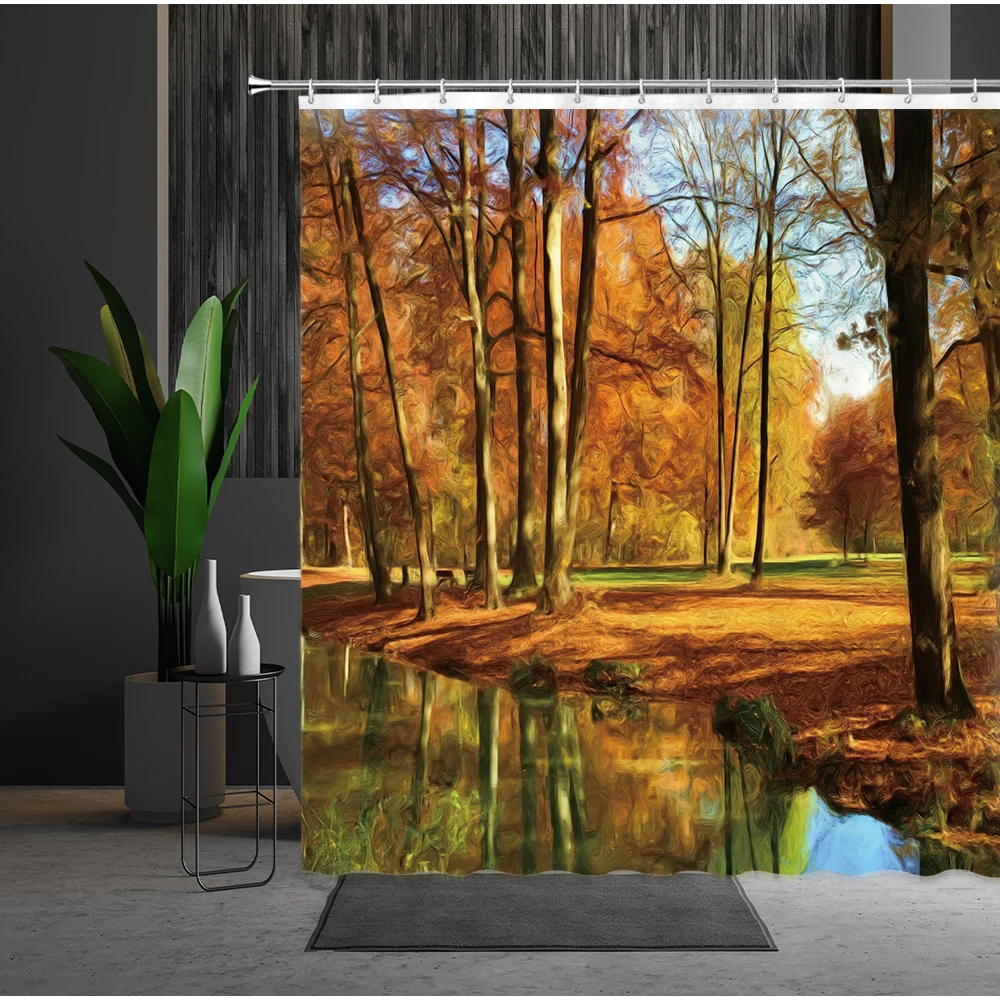 

Autumn Forest Scenery Shower Curtain Defoliation Yellow Maple Bathtub Decorative Accessories Hanging Curtain Multiple Size