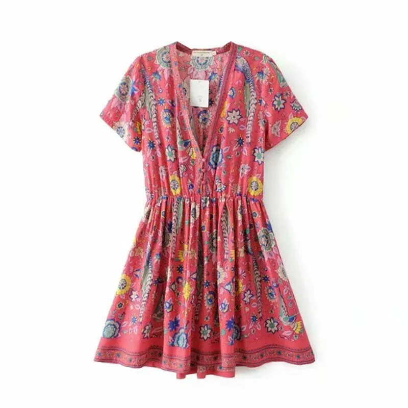 

Chic Women Floral Peacock Print Bohemian Beach Dress Short Sleeve V-neck Boho Rayon Mini Dresses