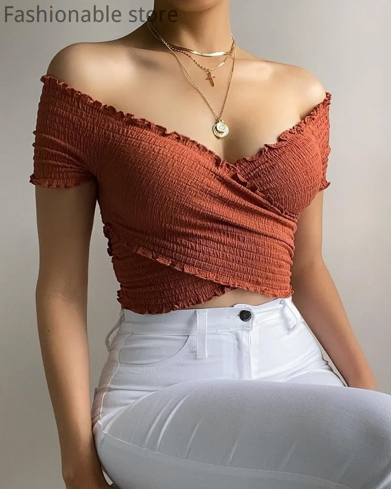 

Women Off Shoulder Solid Color Frill Hem Shirring Top