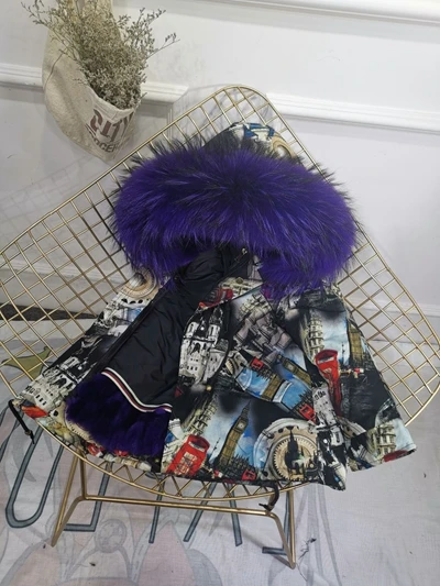 Gear Violet Fur Детская зимняя куртка с отделкой из меха, пальто для мальчиков и девочек утепленное пальто из меха кролика с граффити, Детская меховая куртка для девочек, TZ147 - Цвет: Gear Violet Fur