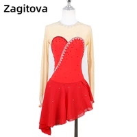 red figure skating dress for women and girls long sleeve ice figure skating clothes with rhinestones long skirt