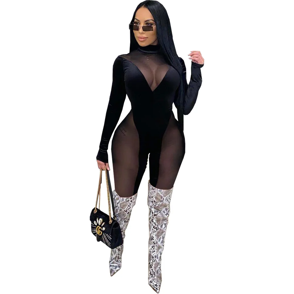 

Spring Velvet Patchwork Women Jumpsuit Mesh Long Sleeve Sexy Club One Piece Rompers Skinny Outfit Women Winter 2021 Night Outfit