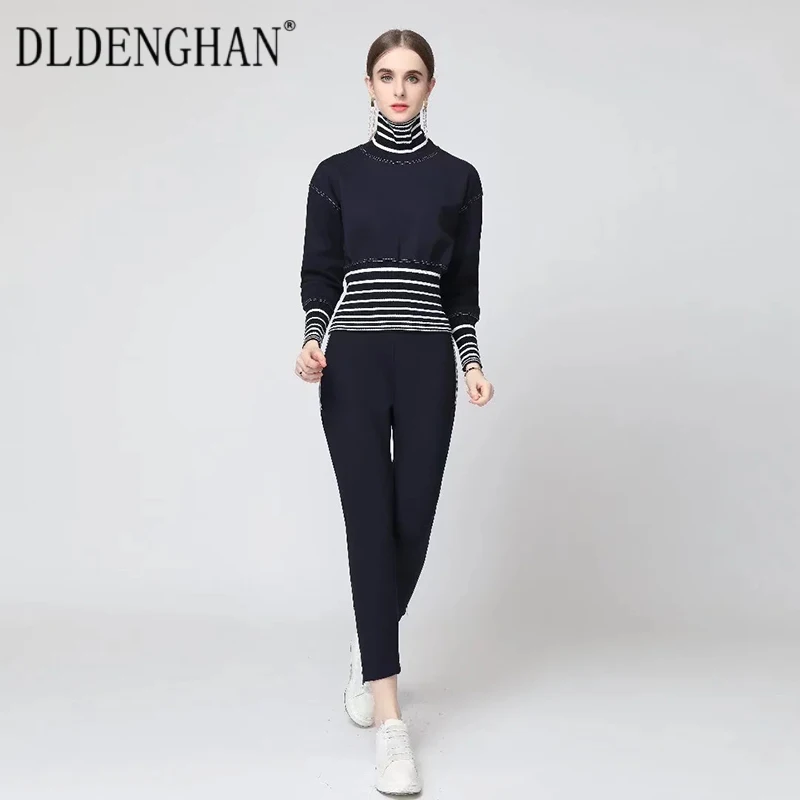 

DLDENGHAN Designer Autumn Suit Women Turtleneck Lantern Sleeve Tops + Pencil Pants Casual Two Piece Set