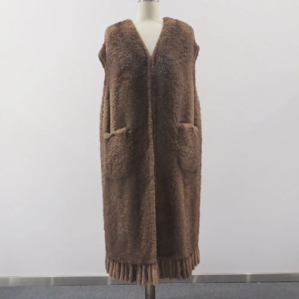 

Шуба D & H Fur, женская теплая Повседневная Длинная шуба из коричневой норки, без рукавов, с кисточками, Осень-зима 2021