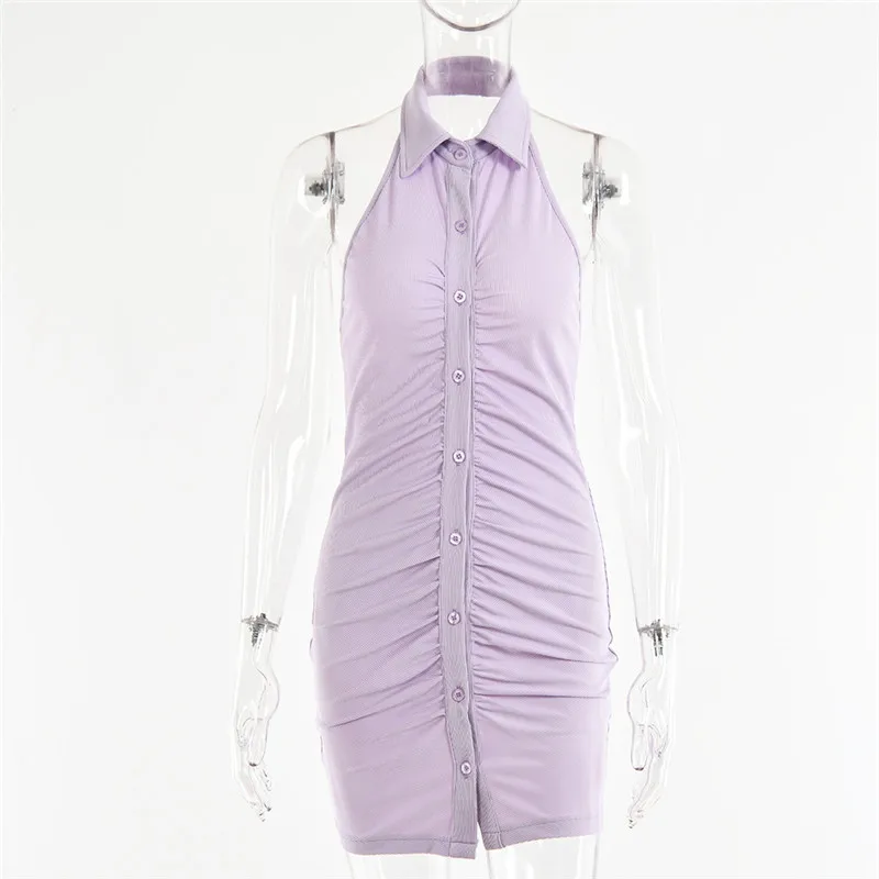 

Sexy Backless Ruched Bodycon Dress Women 2021 New Halter Neck Buttons Mini Dress Ladies High Elastic Sleeveless Vestidos