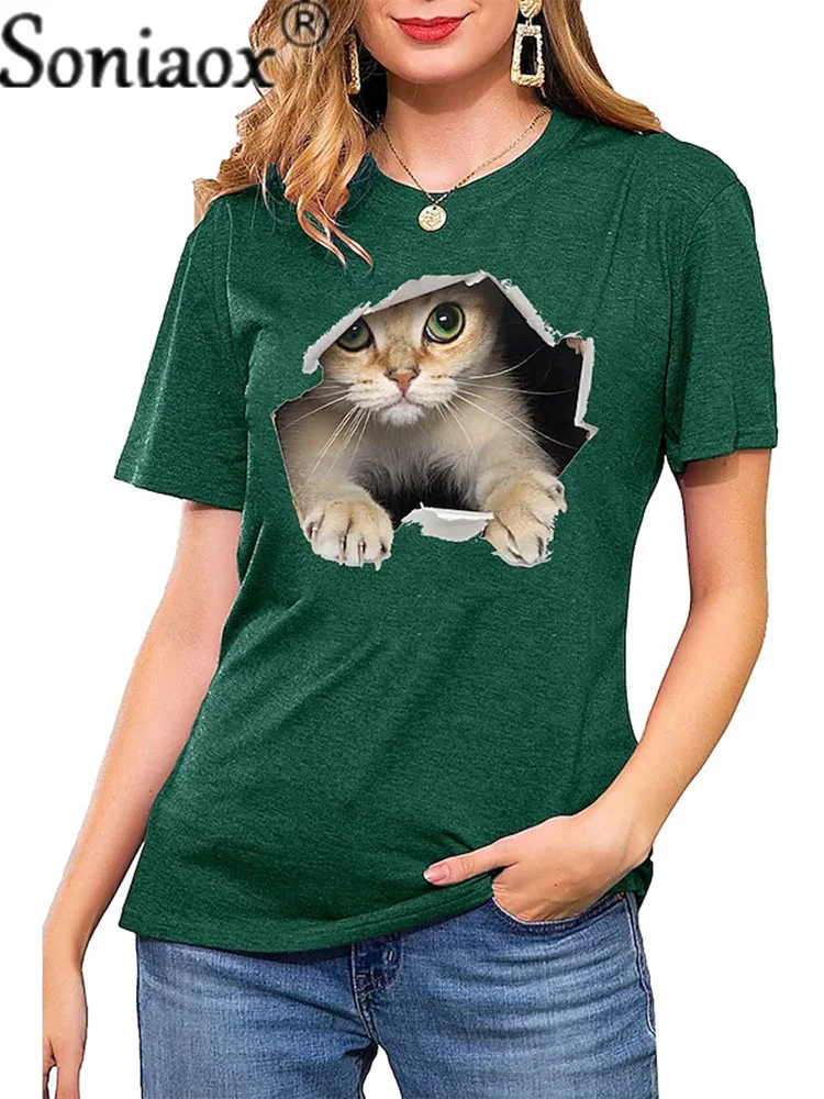 Женская футболка с принтом кошки свободная повседневная круглым вырезом модель