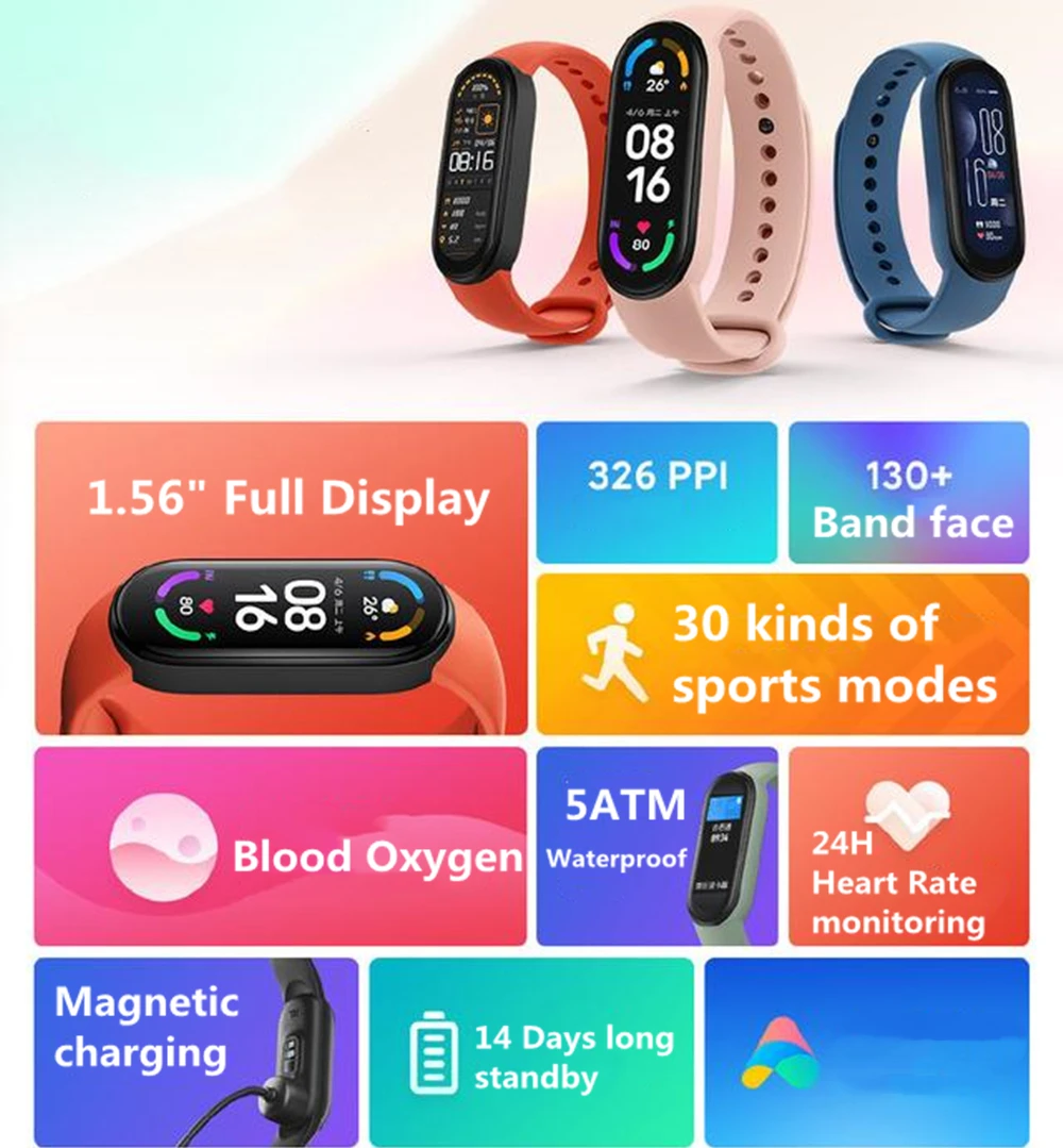 Смарт-браслет Xiaomi Mi Band 6 водонепроницаемый фитнес-трекер с измерением пульса и