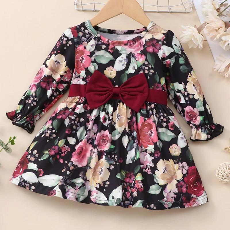 

Newborn Dresses Cotton Baby Girl Dress Flower Print Bow Long Sleeve Girls Dress Spring Fall Baby Clothes Infant Clothes 0-18M