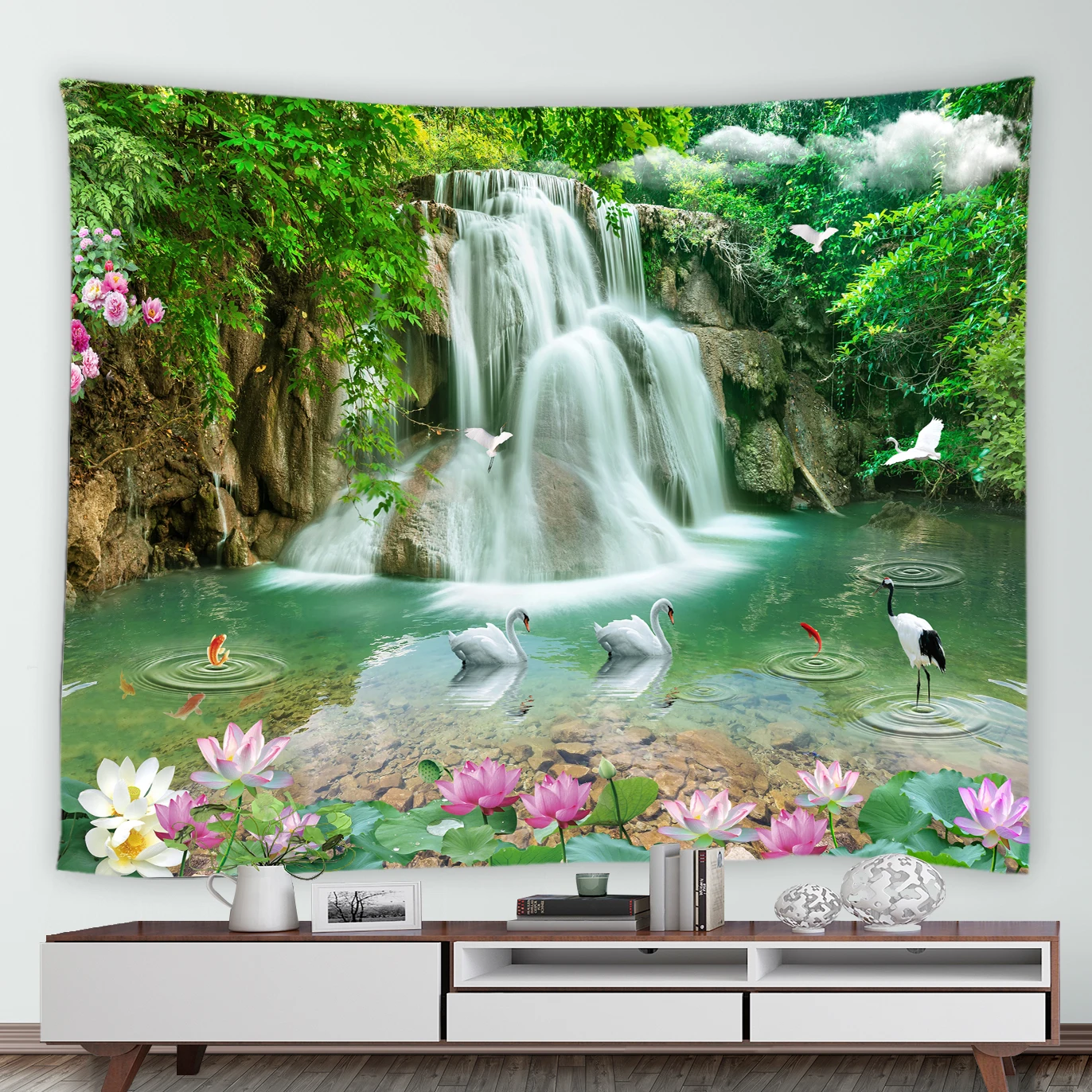 

Spring Forest Waterfall Tapestry Pink Lotus Garden Flowers Tapestries Natural Landscape Home Room Wall Hanging Mural Blanket Mat